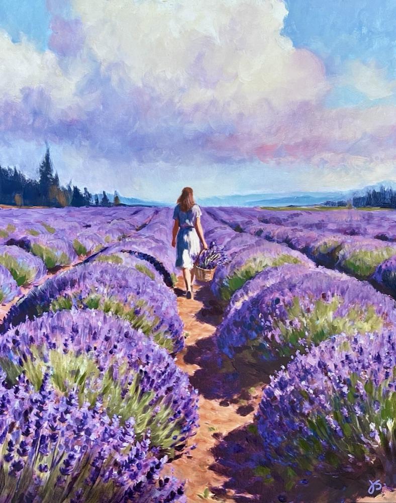 A painting of a woman in a white dress walking between rows of purple lavender under a big sky, carrying a basket of cut lavender