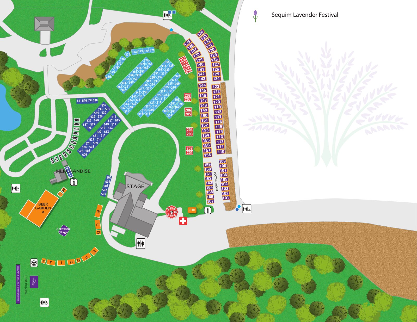 2026 Sequim Lavender Festival grounds map at Carrie Blake Park — numbered vendor booths, main stage, beer garden, acoustic stage, merchandise, food court, restrooms, first aid, and parking